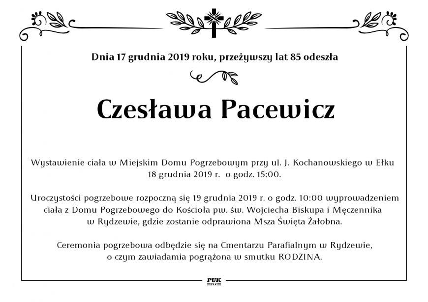 Czesława Pacewicz - nekrolog 2019-12-17